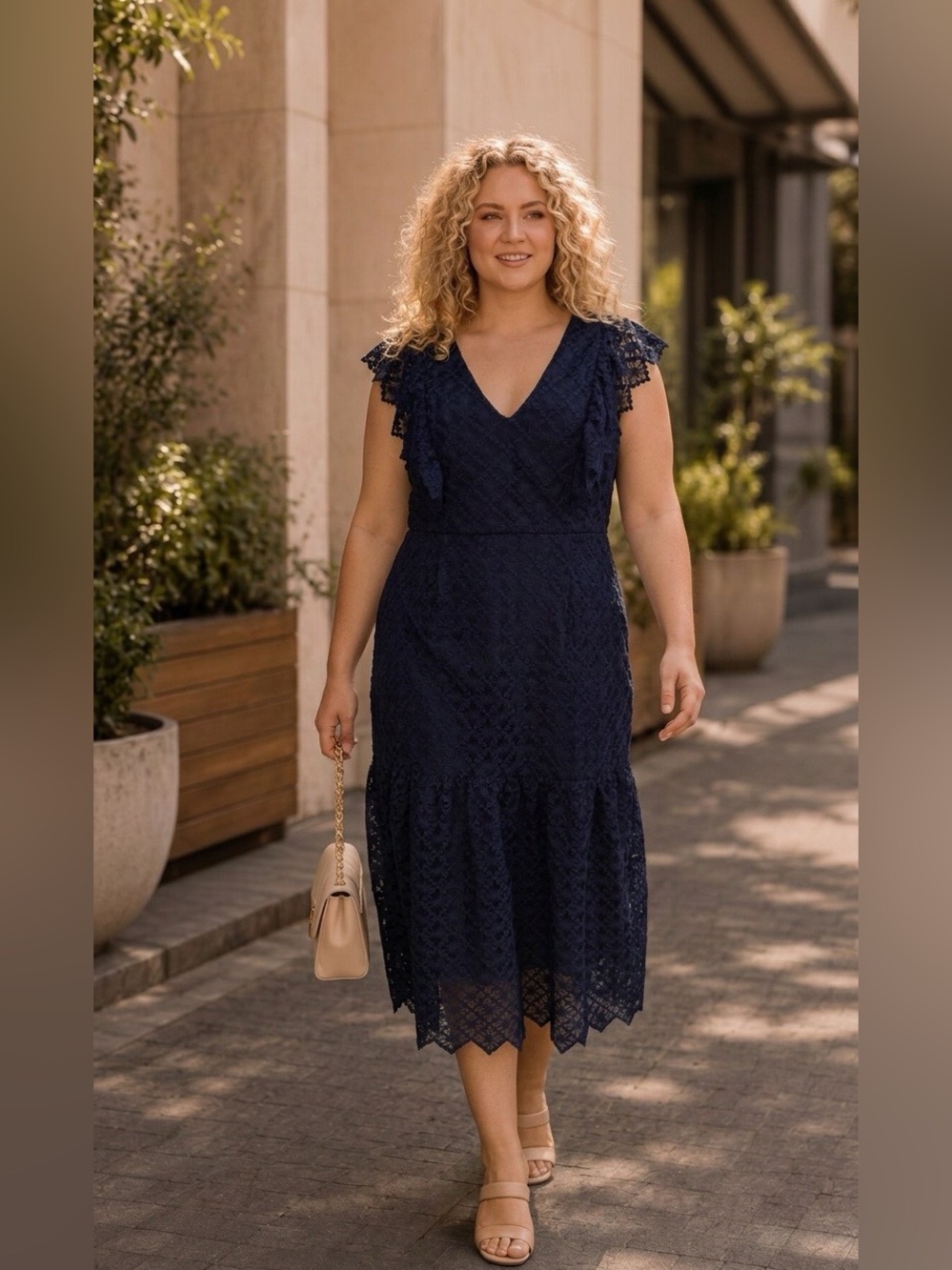 ANTONIO MELANI Navy Lace V-Neck Tiered Midi Dress